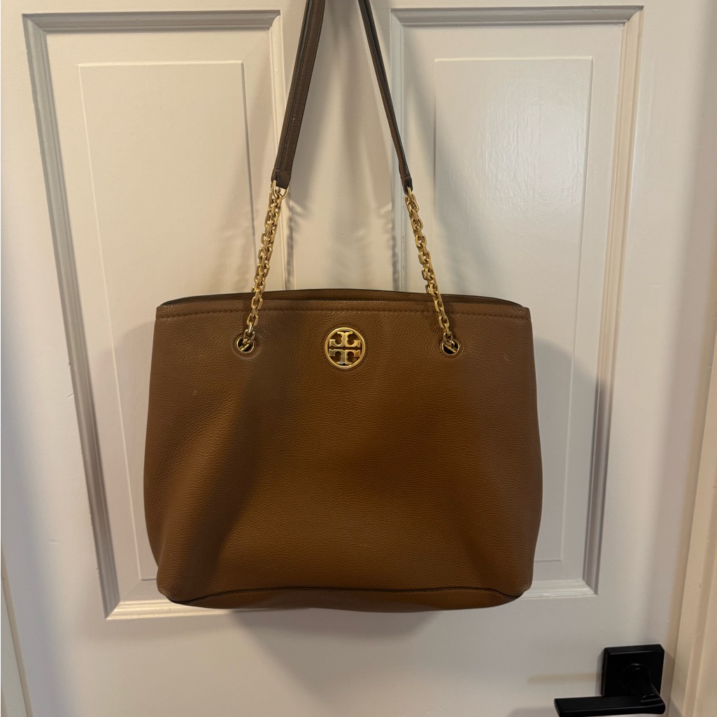 Tory Burch Bark Brown Pebbled Leather Chain Slouchy Tote